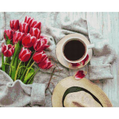 Алмазна мозаїка "Чашка кави та рожеві тюльпани" Brushme DBS1048 40х50 см DBS1048 фото