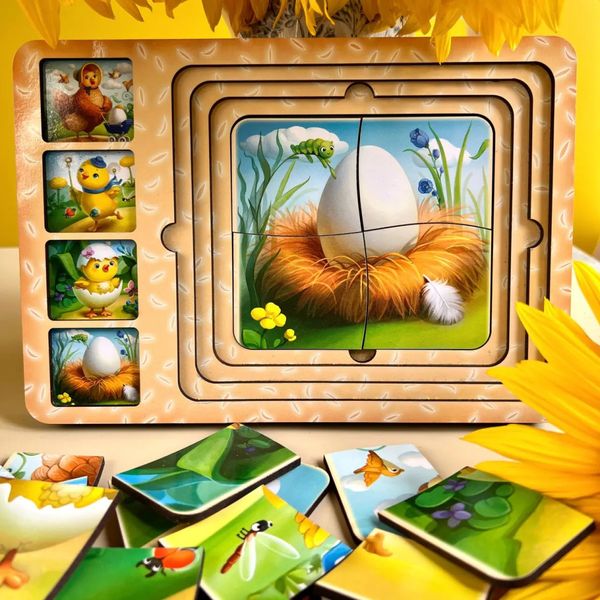 Дерев'яна настільна гра "Етапи розвитку курочки" Ubumblebees (ПСФ018) PSF018 сортер-пазл PSF018 фото
